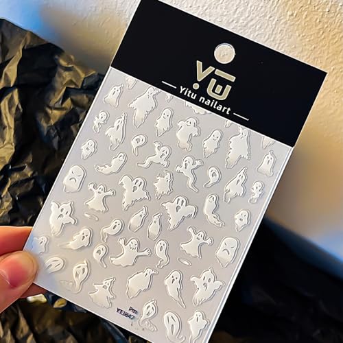 Halloween Nail Stickers for Nail Art Scary Ghost Nail Art Stickers Holiday Cute 5D Embossed White Nail Decals Self-Adhesive Nails Supply Manicure Sliders for Nails Decoration - color: Halloween Style3