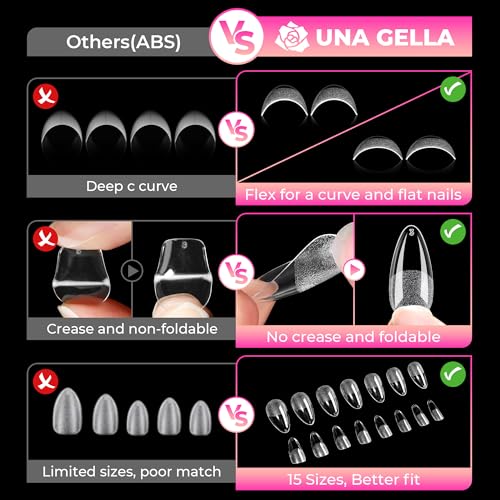 UNA GELLA 510Pcs Almond Gel Nail Tips 15 Sizes Pre-Etched Full Cover
