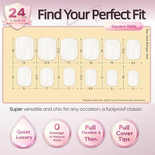Press On Nails, Short Square White Natural Solid Color, 24PCS - color: 0085-White