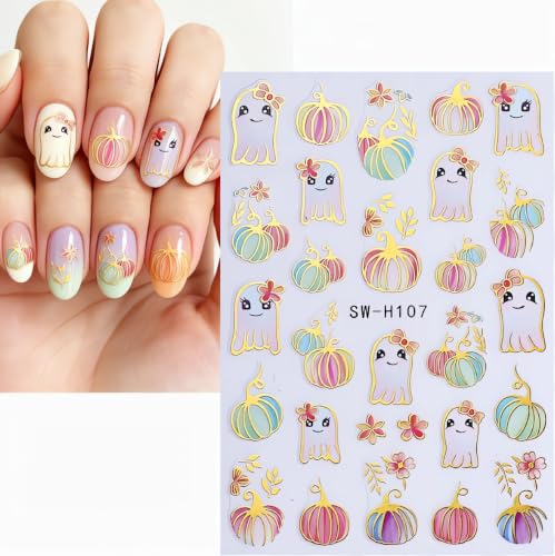 Halloween Pumpkin Nail Art Stickers Gilded Pumpkin Ghost Nail Art Decals 3D Self-Adhesive Glitter Pumpkins Nail Stickers Colorful Ghost Flower Nail Design for Women Thanksgiving Nail Supplies 3 Sheets - color: W12