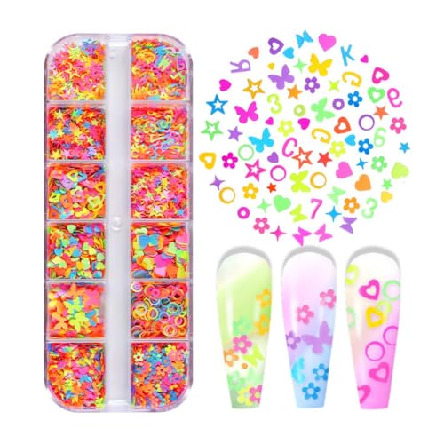 1 Box Holographic Heart Star Nail Glitter Butterfly Flower Nail Sequins 3D Letter Alphabet Nail Flakes Sparkly Powder Flakes Shiny Nail Glitter Figure Nail Sequins Glitter for Nails Art 12 Grids - color: Color 46