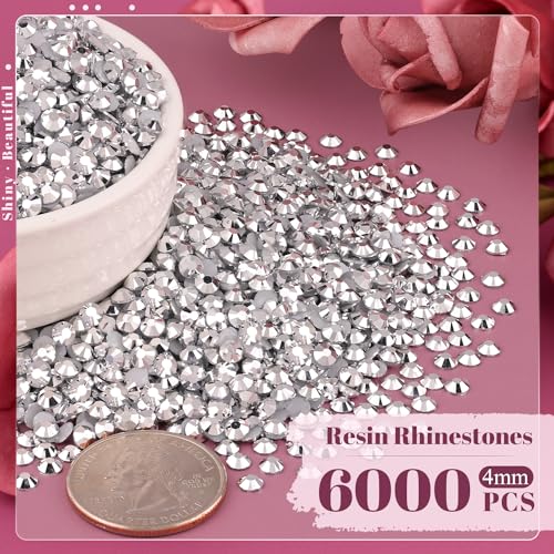 6000PCS 4mm Resin Rhinestones Bulk for Crafting (Silver), Flatback Bedazzling Crystals for Crafts DIY Nail Decoration, Gems Charms for Tumbler Shoes Clothing Fabric with Pickup Pen and Tweezers - color: B03 Resin Rhinestones (Silver), size: 4mm