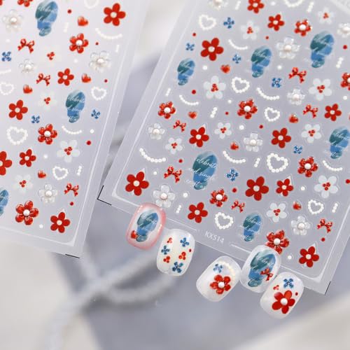Red Flower Nail Stickers Decals Pearl Heart Design Nail Decals for Nail Art - color: Color38