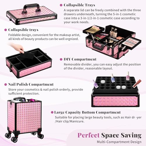 AROUS 5 in 1 Rolling Makeup Train Case with Lid Cosmetology Case on Wheels - color: Pink