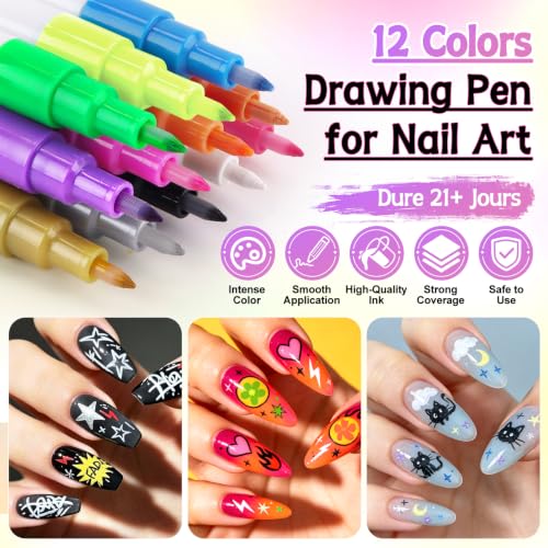 12 Colors Nail Art Pens Set, TOROKOM Nail Art Markers 3D Nail Polish Pens - color: 12 Color-C