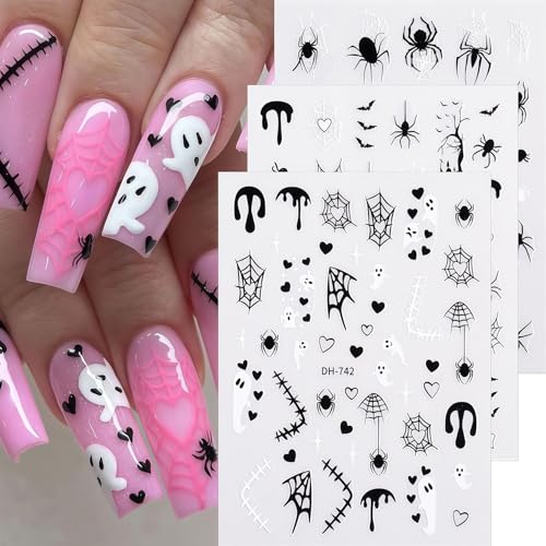 6 Sheets Halloween Nail Art Stickers Nail Decals 3D Self-Adhesive Spider Web Spider Cute Ghost Bat Nail Stickers Design Fall Holiday Salon DIY Nails Decoration Accessories for Women - style: Spooky