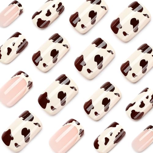 Cow Print Press on Nails Short Square Nail Press ons Fall Winter Fake Nails - color: Style32