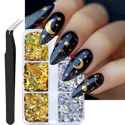 Gold Silver Nail Art Glitter Sequins Star Moon Holographic Nail Flakes - color: Style04