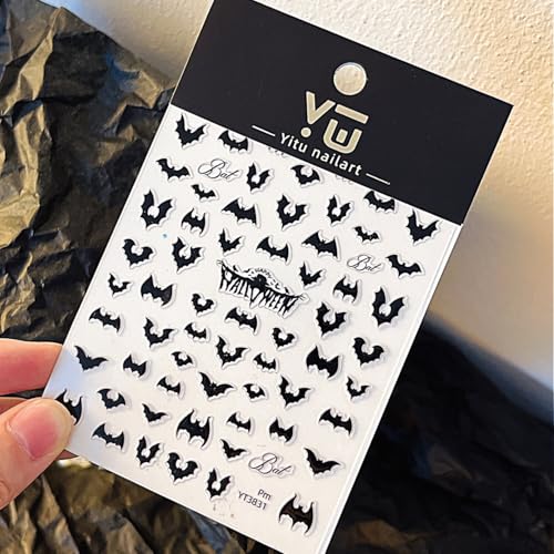 Halloween Nail Stickers for Nail Art Scary Bat Nail Art Stickers Holiday Cute 5D Embossed Black Nail Decals Self-Adhesive Nails Supply Manicure Sliders for Nails Decoration - color: Halloween Style2