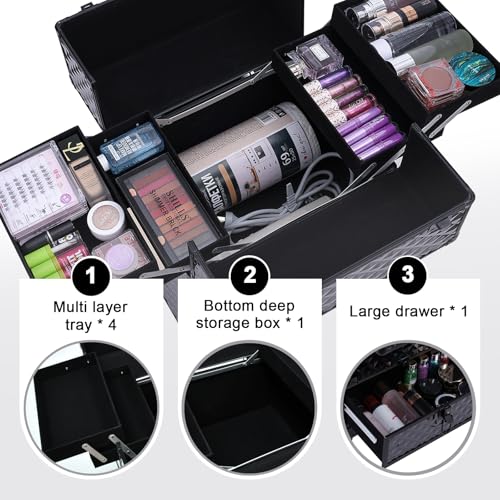 TOPACK 3-In-1 360°Rotaing Rolling Makeup Train Case with Trolley/drawer - color: all black, size: medium