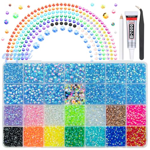 qiipii Light Blue AB Resin Rhinestones w B7000 Glue for Crafting Bedazzling 2mm-6mm Flatback Colorful Jelly Stones Diamonds Gems Bedazzler Kit for Nails Face Eyes Makeup Tumblers Bottles Crafts Shoes - color: Light Blue, size: Jelly