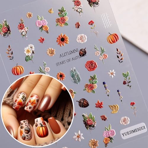 2 Sheets Maple Leaf Nail Art Sticker 5D Embossed Thanksgiving Pumpkin Nail Stickers Pinecone Rose Ginkgo Leaf Design Nail Decals for Women Autumn Manicure Decoration - style: Pumpkin