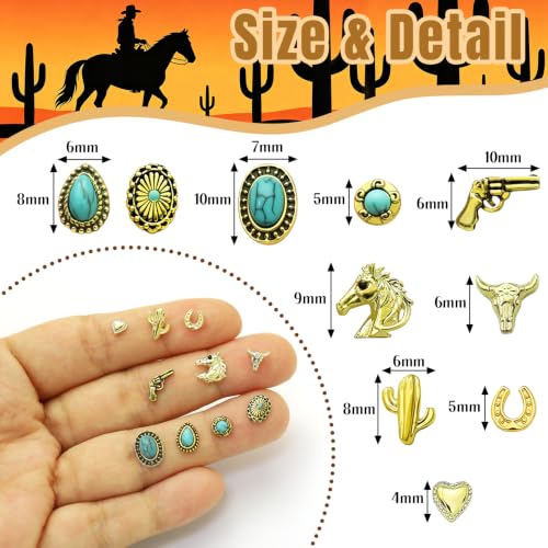 61 Pcs Western Turquoise Nail Charms 3D Metal Cowboy Cowgirl Nail Gems Charms Turquoise Bull Head Horseshoe Western Charm Stickers for DIY Nails Art Phone Case Crafts Rodeo Concert Outfits J - color: Gold