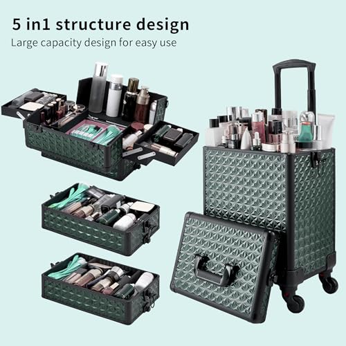 Rolling Makeup Case, Makeup Train Case with Lid, 5 in 1 Cosmetology Case on Wheels, Christmas Gift, Large Makeup Case Organizers, Profesional Cosmetic Case for Salon Barber,Black Green - color: Black Green