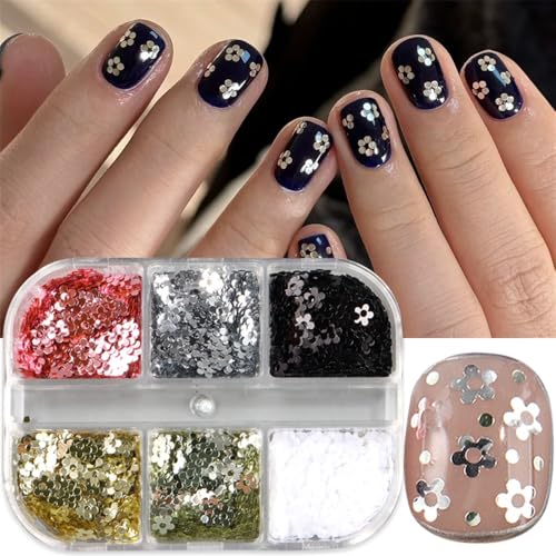 6 Colors Five-petaled Flower Nail Sequins Nail Glitter for Nails Design Fingernail Art Glitters Decorations 3D Fingernail Art Sequins for Women Floral Nails Accessories Manicure Embellishments