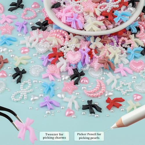 600Pcs 3D Nail Bow Charms and Flatback Pearls Nail Charms Set 5 with Glue - color: Set 6- 8 Colors C Style with Glue