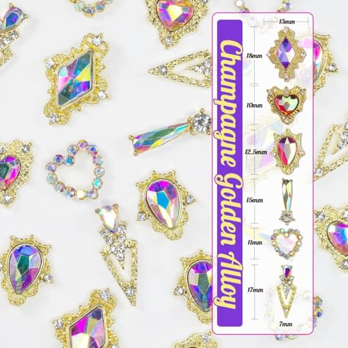 qiipii 24pcs Crystal AB Luxury Nail Charms +2000pcs Crystal White AB Rhinestones 3D Big Nail Gems K9 Glass Nail Crystals Diamonds Jewels Stones Alloy Nail Art Studs Decor Supplies for Nails Crafts DIY - color: Luxury Charms - Crystal AB, size: 2 Box