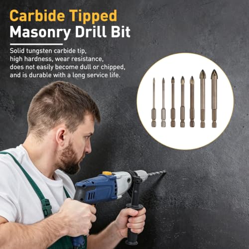 7Pcs 1/8"-1/2" Carbide Masonry Drill Bits Set Hex Shank Yellow - color: Yellow, size: 1/8"-1/2"