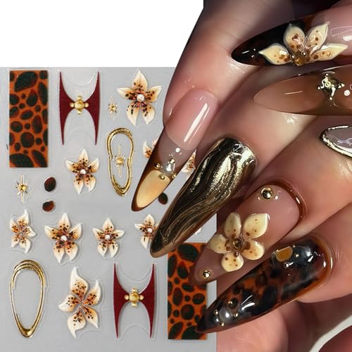 3 Sheets Brown Leopard Print Nail Stickers 5D Embossed Floral Nail Decals Exquisite Line Fall Brown Leopard Print Flower Nails Design Gold Stars Nails Supplies for Women Autumn Winter Manicure Decor - style: leopard flower