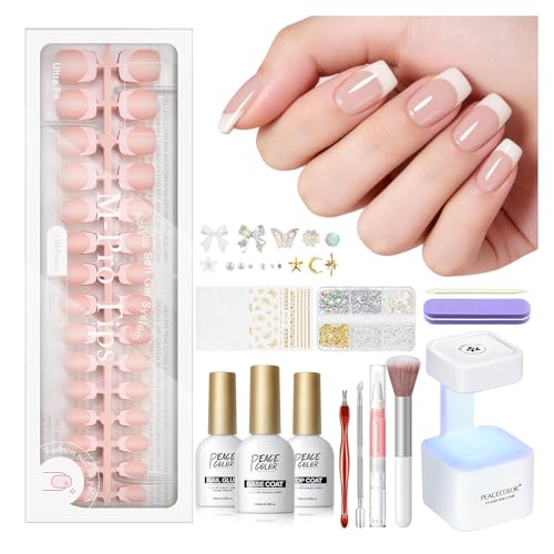 PEACECOLOR French Tip Press On Nails Kit - 150Pcs Short Square 5 Colors Nude Nail Tips Gel Nail Extension Kit with Nail Lamp Starter Kit Nail Glue Base & Top Coat Fake Nails Gift for Women Home DIY - color: Short Square