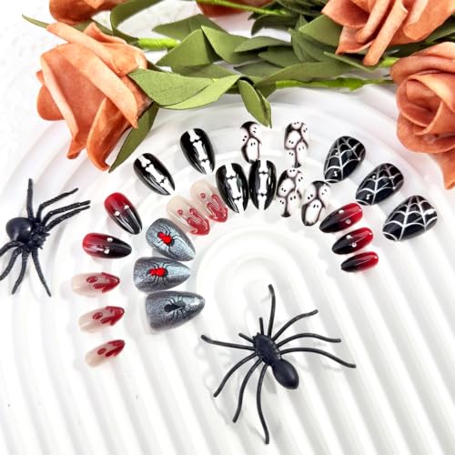 Halloween Press On Nails Short Almond Shape Gothic Fake Nails with Ghost Bone Blood Drip Spider Web Designs Reusable Horror Punk False Nails Glossy Full Cover Acrylic Nails Kit for Women 24Pcs - color: special Halloween-18