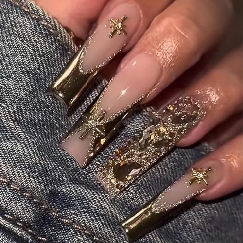 MISUD Press on Nails - Long Square Fake Nails with Gold Chrome, Acrylic Bling Glitter Rhinestone Design 24 pcs - color: 07801-02Gold