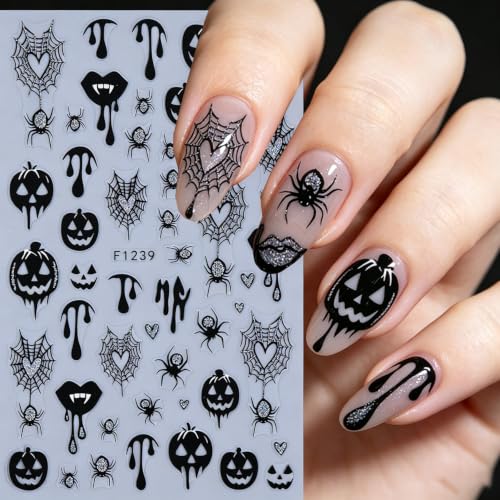 Halloween Ghost Skull Nail Art Stickers Spider Webs Flame Nail Art Decals 4 Sheets 3D Self-Adhesive Pumpkin Face Spider Stickers Heart Ghost Nail Design for Women Halloween Nail Supplies - color: Halloween Style7