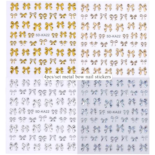 5D Embossed Bow Nail Stickers 4PCS Metalic Gold Silver Bow Charms - color: Chrome