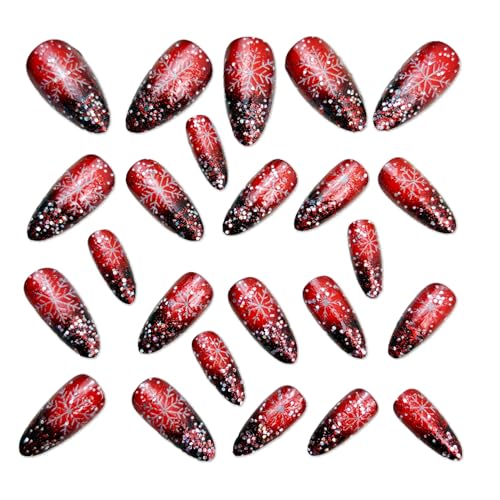 24 Pcs Christmas Red Press On Nails Medium Almond Fake Nails Red Glitter Gradient False Nails Winter Holiday Glue on Nails Sequin Full Cover Glossy Stick on Nails for Acrylic Xmas Manicure Decoration