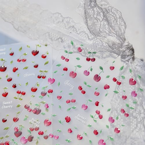 1 Sheet Cherry Nail Art Stickers 5D Cherries Nails Decals Cute Summer Fruits Nail Stickers Green Leaves Nail Supplies Jelly Cherry Nail Decorations for Women Spring Summer DIY Manicure Accessories - style: jelly cherry