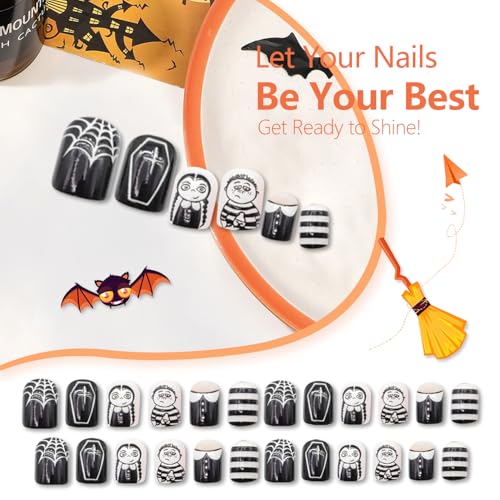 Halloween Horror Press on Nails - Glossy Black White Stripe Spider Web Art Designs - Square Short False Reusable Artificial Full Cover Glue on Nails for Women - 24 Pcs - color: Style 17