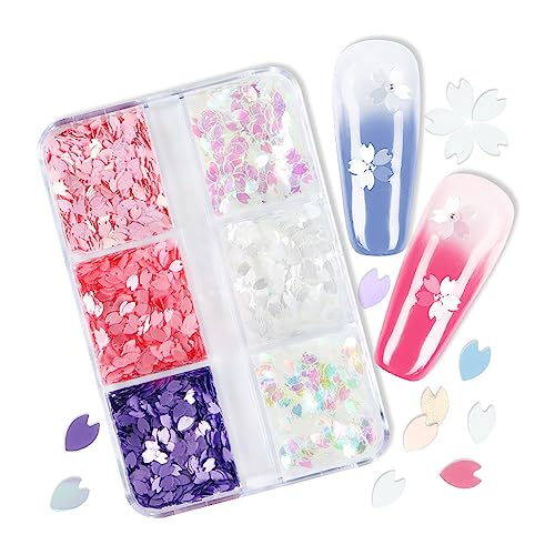 6 Colors 3D Cherry Blossom Petals Holographic Nail Glitter Sequins for Nail Art Design DIY Acrylic Nail Supplies Decoration Charms Women - color: 6 colors