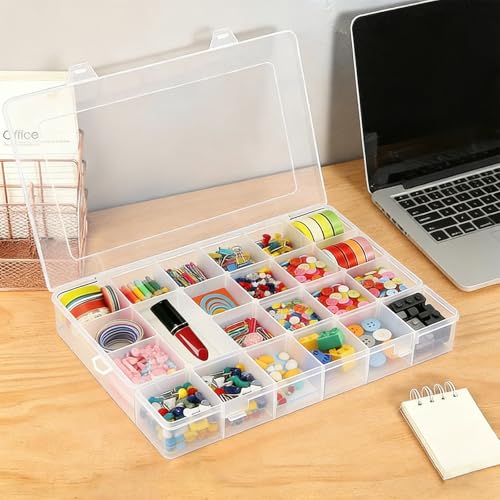 24 Grids Plastic Organizer Box with Removable Dividers Clear Multi Compartment Storage Container Small Crafts Organizer Box for Beads Jewelry Tackles Nail Charm Button Sticker (2Pcs)