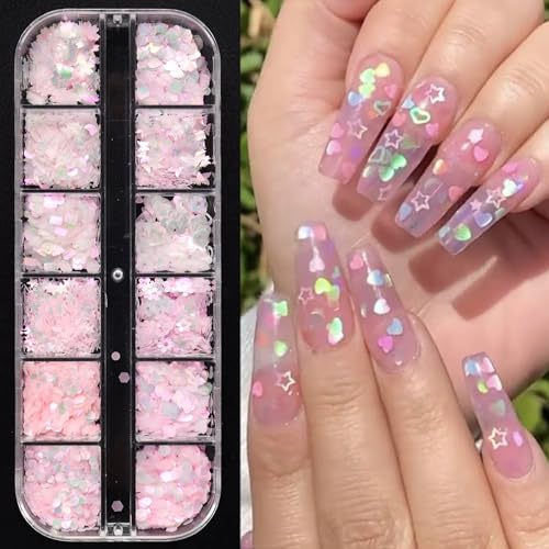Spring Flower Nail Glitters Pink Glitter Cherry Blossom Heart Nail Sequins Set of 12 Boxes, Elegant Mini Floral Butterfly Nail Decor Accessories 3D Flower Nail Decals Holographic Glitters for Women - color: Cherry Blossom Heart