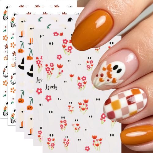 Halloween Ghost Flower Nail Art Stickers Pumpkin Cute Ghost Nail Art Decals 6 Sheets 3D Self-Adhesive Flowers Hat Nail Stickers for Women Halloween Nail Supplies Nail Decorations - color: Halloween Style5