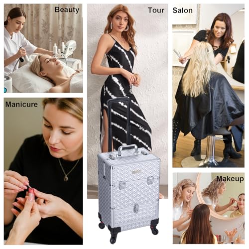 TOPACK 3-In-1 360°Rotaing Rolling Makeup Train Case with Trolley/Drawer - color: silver, size: medium