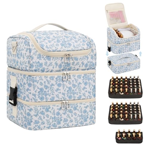 CUBETASTIC Nail Polish Organizer, Nail Supplies Storage Case Holds 86 Bottles Nail Polish & Nail Lamp, Travel Nail Tech Carrying Bag, Nail Kit Bag For Nail Stuff & Manicure Tools - color: Blue Floral, size: 86 Slots