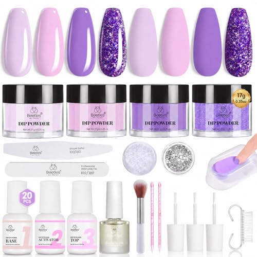 Beetles Dip Powder Nail Kit, 4 Colors Pastel Purple Lavender Pink Glitter - color: 4 Colors x 17g Kit | Violet Whisper