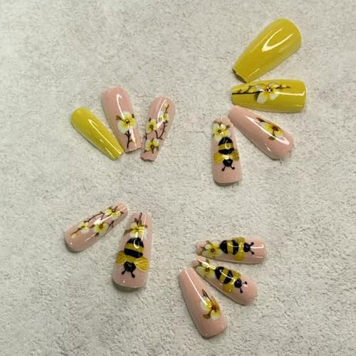 Summer Press on Nail Long Coffin Fake Nails with Floral designs Stick on Nail 3D Bee False Nails Glossy Full Cover Yellow Cute Glue on Nails Reusable Acrylic Press ones for Women Spring Manicure24pcs - color: styles35