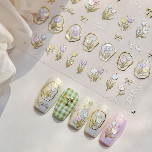 5D Embossed Bow Nail Art Stickers Gold Trimming Flower Nail Art Decals Blue White Tulips Nail Decals Spring Flower Nail Design Stickers Silver Letter Nails Supplies Cute Nail Decor for Women - style: 5D Embossed Nail Stickers-5