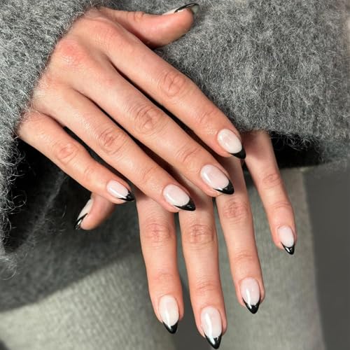 SXVME 30 Pcs Black French Tip Press on Nails Short Almond Nails Press ons, Short Fake Nails Almond Shaped Acrylic French Glue on Nails False Nail for Women, Natural Stiletto Nail 15 Sizes - color: almond black