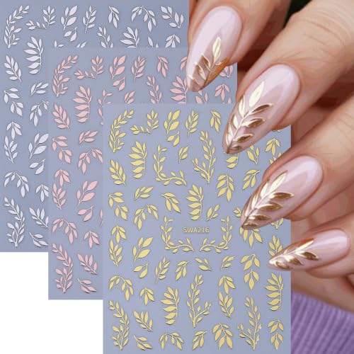 6 Sheets Fall Leaf Nail Stickers 3D Self-Adhesive Leaves Nail Decals Gold Silver Rose Gold Leaf Nail Design Cute Branches Leaves Nail Supplies Fall Winter Nail Accessories for Women DIY Manicure - color: Leaves