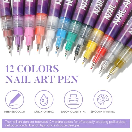 AIMEILI 12 Colors Nail Art Pens Set, 0.5mm Fine Tip Acrylic Paint Pens for Salon & Home DIY Nail Design, Dotting Drawing Liner Brush for Manicure, Nail Polish Art Decoration Kit 2 - color: VD-PEN02