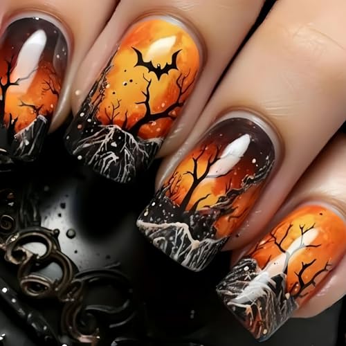 Forest Orange Press on Nails Halloween Medium Square Fake Nails with Bat Designs Halloween Glue on Nails Reusable Artificial Acrylic False Nails for Women Girls 24Pcs - color: Halloween style 17