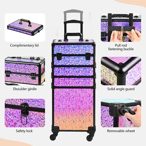 Rolling Makeup Case, Makeup Train Case with Lid, 5 in 1 Cosmetology Case on Wheels, Christmas Gift, Large Makeup Case Organizers, Profesional Cosmetic Case for Salon Barber,Black Colorful - color: Black Colorful