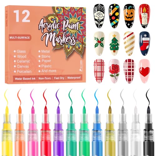 12 Colors Nail Art Pens Set, TOROKOM Nail Art Markers 3D Nail Polish Pens - color: 12 Color-G