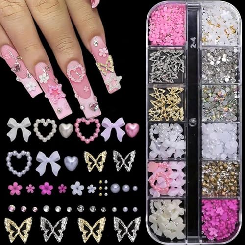 3D Nail Art Charms Metal Butterfly Nail Charms Heart Pearl Bow Flower Flatback Rhinestones Cute Nail Art Charms for Women Manicure Supplies Decorations DIY Accessories 1Box - color: Rhinestone 10
