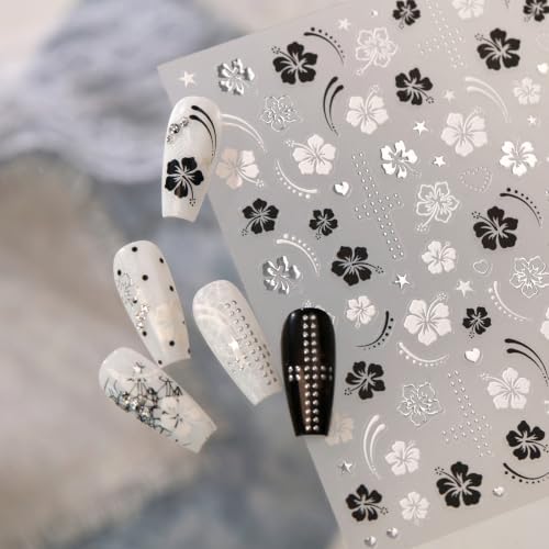 Black White Hibiscus Flower Nails Stickers - 3D Self‑Adhesive, 1 Sheet - color: Color-33