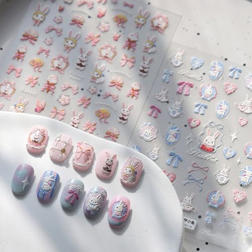 5D Embossed Pink Rabbit Flower Nail Stickers for Nail Art Bows Blossom Nail Design Spring Summer Floral Nail Decals Relief Petals - color: Rabbit Flowers
