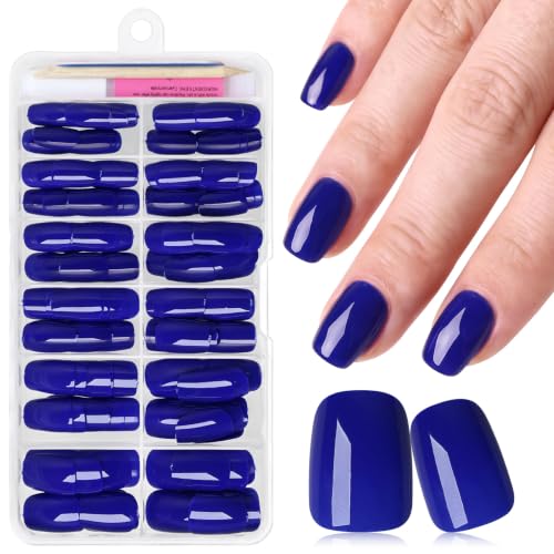Short Blue Press on Nails Square Fake Nails Press ons Blue Glue Nails-F - color: Blue